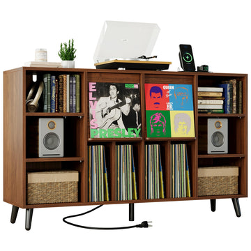 Record Player Stand with Charging Station 55" Holds 450+ Albums