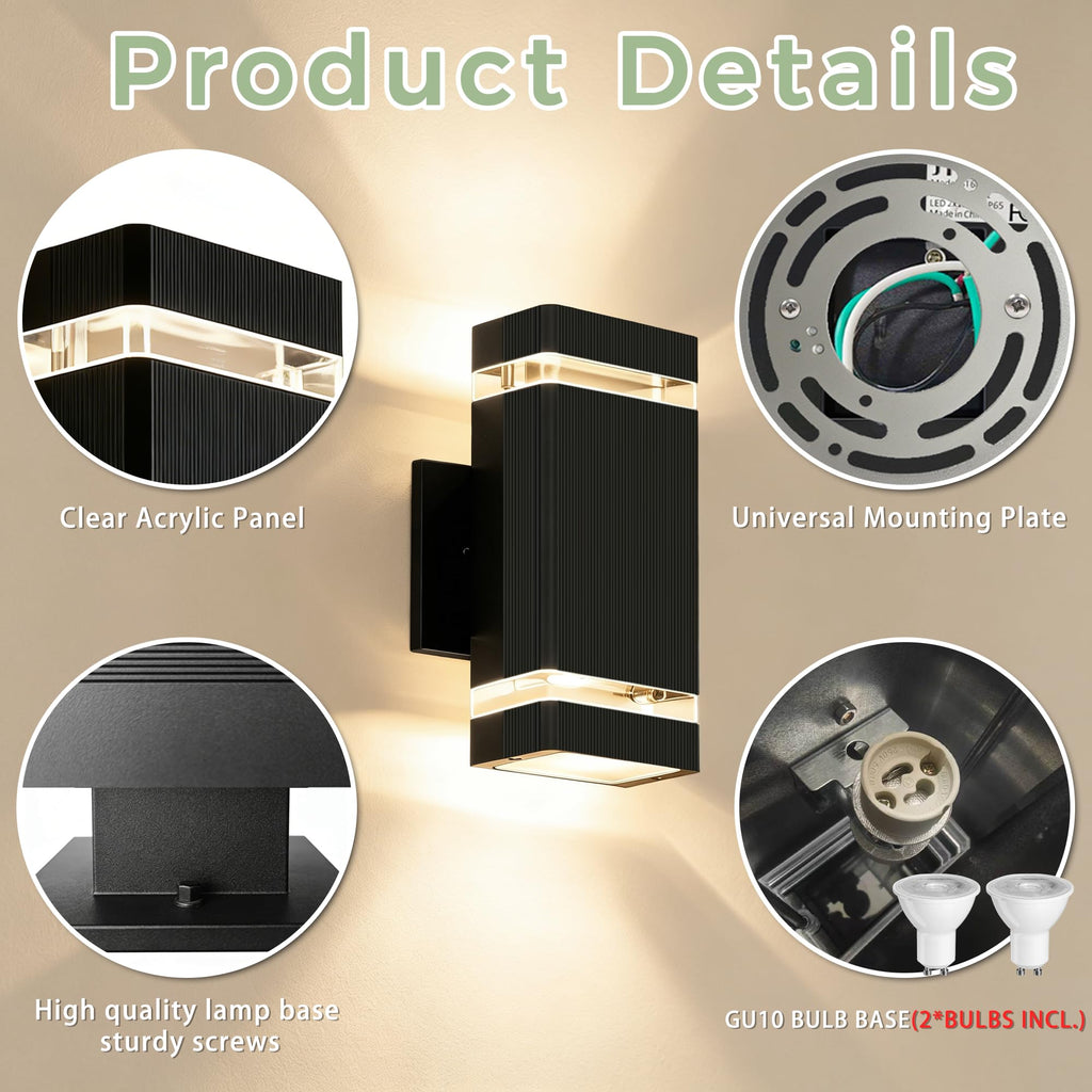 Dusk to Dawn Square Outdoor Wall Lights, Up and Down Porch Lights, Black