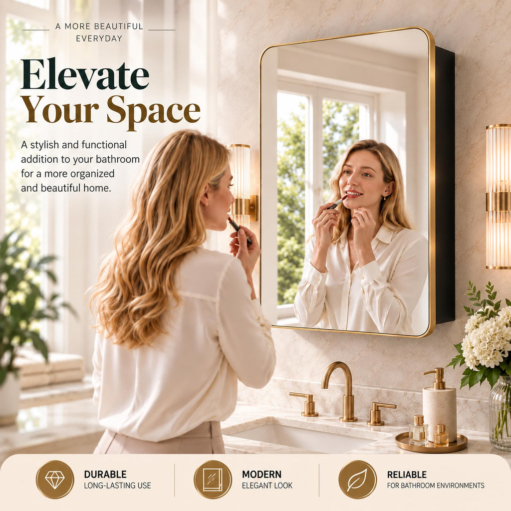 20x26 Inch Brushed Gold Medicine Cabinet with Mirror, Aluminum Recessed or Surface Mount, 4 Stepless Glass Shelves