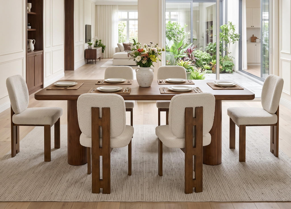 Modern Boucle Dining Chairs Set of 6, Upholstered Armless Side Chairs with Ergonomic Curved Back/Walnut Wood Legs