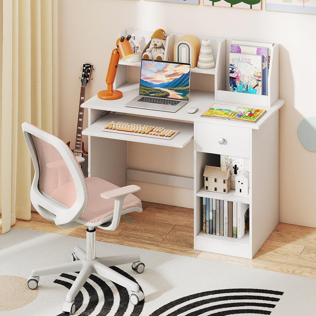 Kids Desk, Wooden Children Study Table with Hutch, Drawer, Storage Shelves & Keyboard Tray School Writing, Drawing or