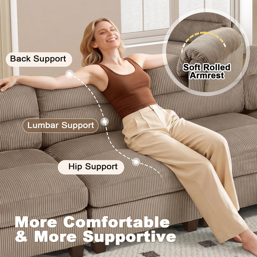 135" Modular Sectional L Shaped Corner Sofa with Movable Ottoman, Premium Corduroy 8-Seater Couches with Rolled Arms