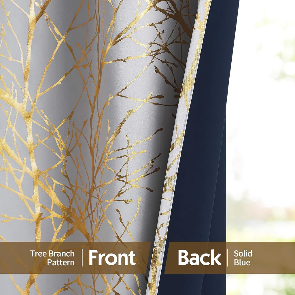 100% Blackout Curtains, Curtains 84 Inches Long Gold on Grey Tree Curtains, Gold Foil Room Darkening Thermal