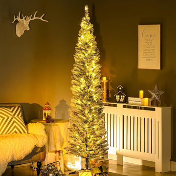Pencil Christmas Tree 7' Tall Pre-Lit Slim Noble Fir Green