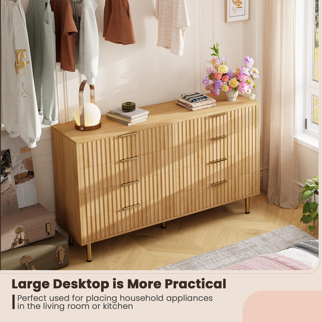 55" Fluted Natural 8 Drawer Dresser with Deep Drawer