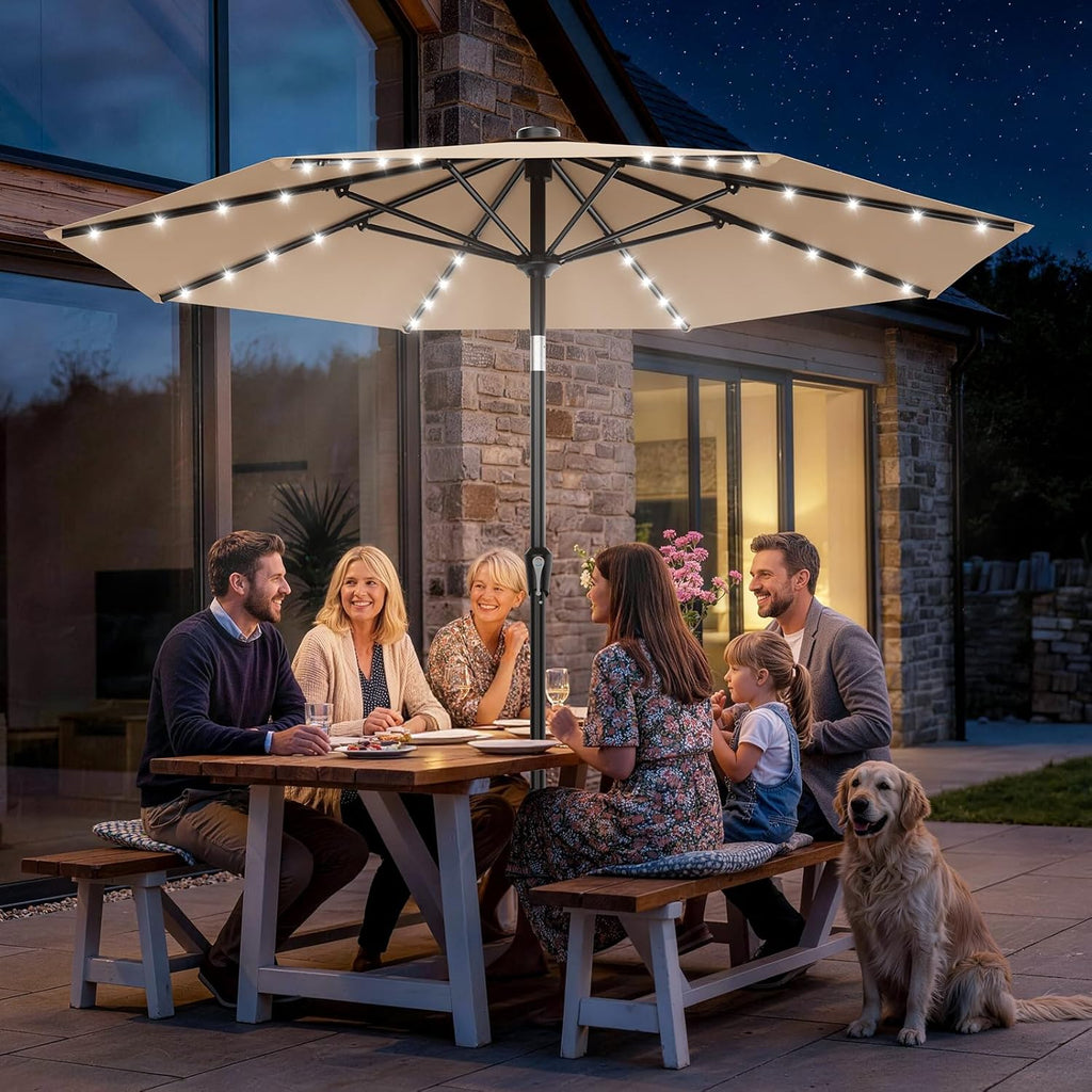 9FT Patio Umbrella with Solar Lights, 32 Lighted Pool Umbrella w/Tilt and Crank