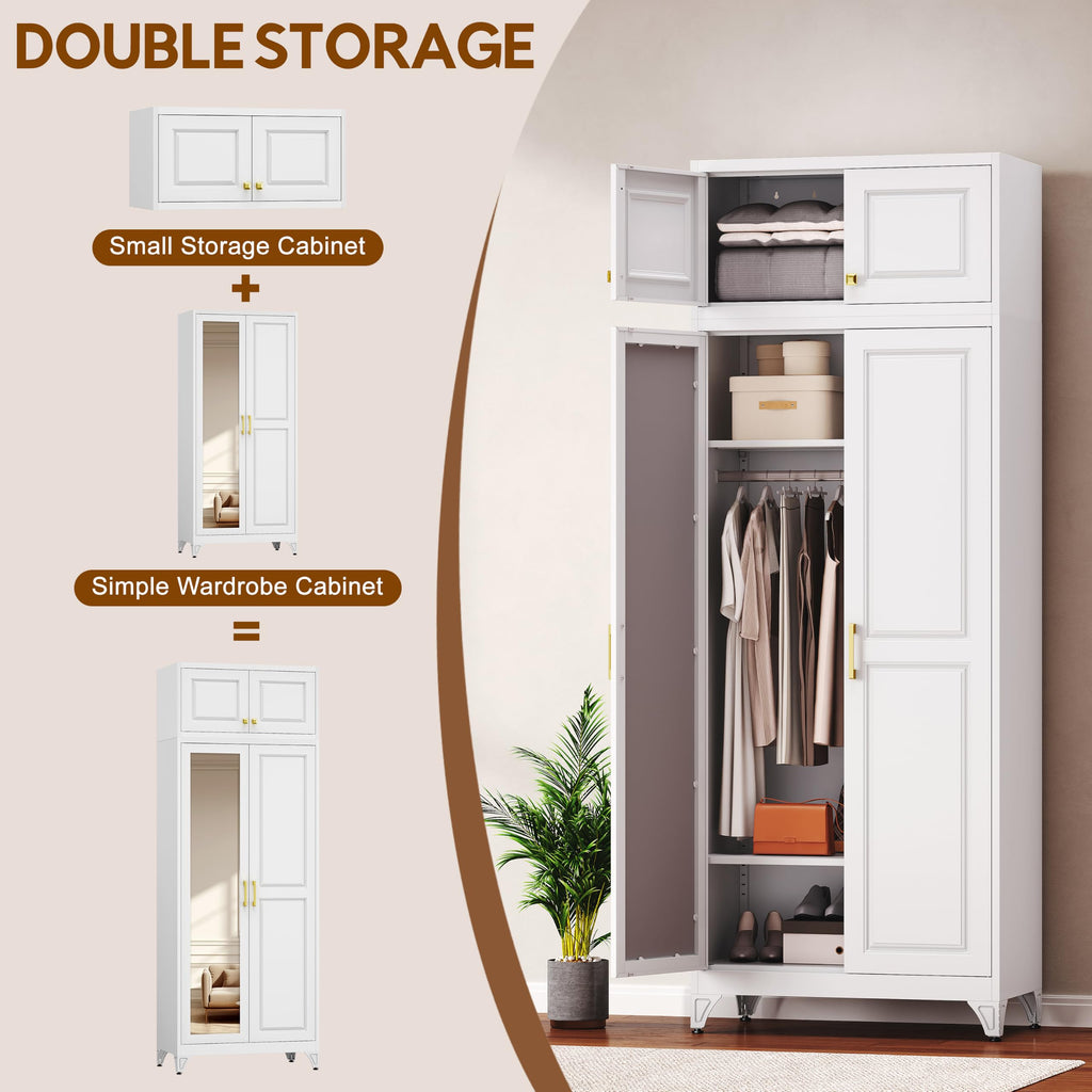 86" Wardrobe Closet, Metal Armoire Wardrobe Cabine with Mirror Door