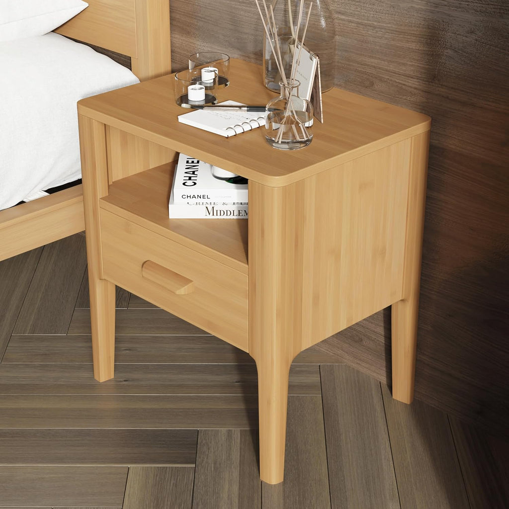 20 Inch Bamboo Nightstand with Drawer & Shelf, Mid-Century Modern Solid Bedside Table, Natural