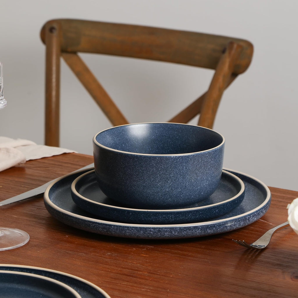Amber 12-Piece Dinnerware Set Stoneware, Dishwasher and Microwave Safe Plates and Bowls Set, Dish Set for 4, Blue