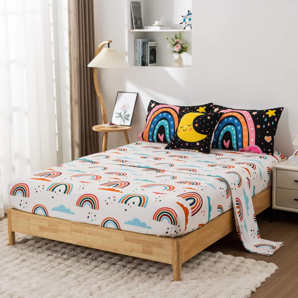 5 Piece Black Rainbow Comforter Set for Girls Boys Kids, Cartoon Cute Moon Stars Bedding Set, Bed in a Bag with