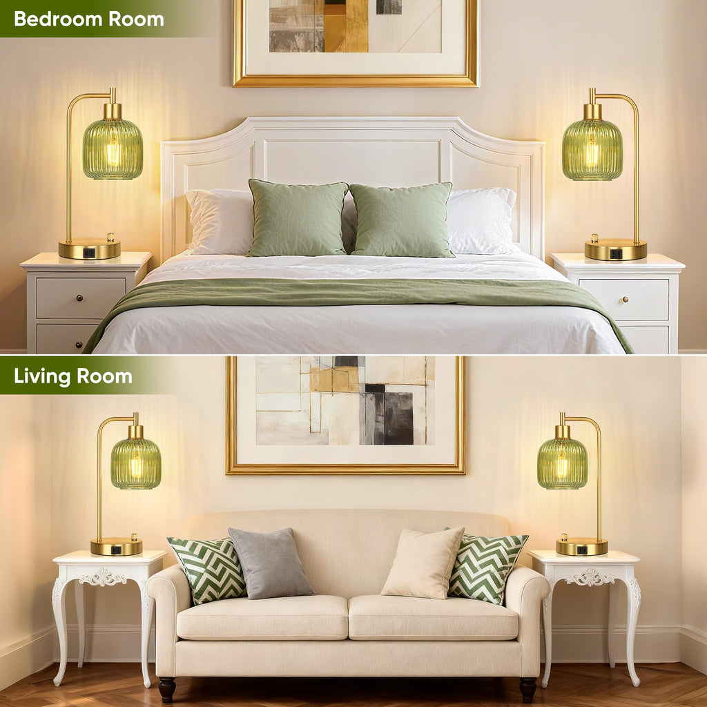 Green Glass Table Lamps Set of 2, Dimmable Bedside Lamps