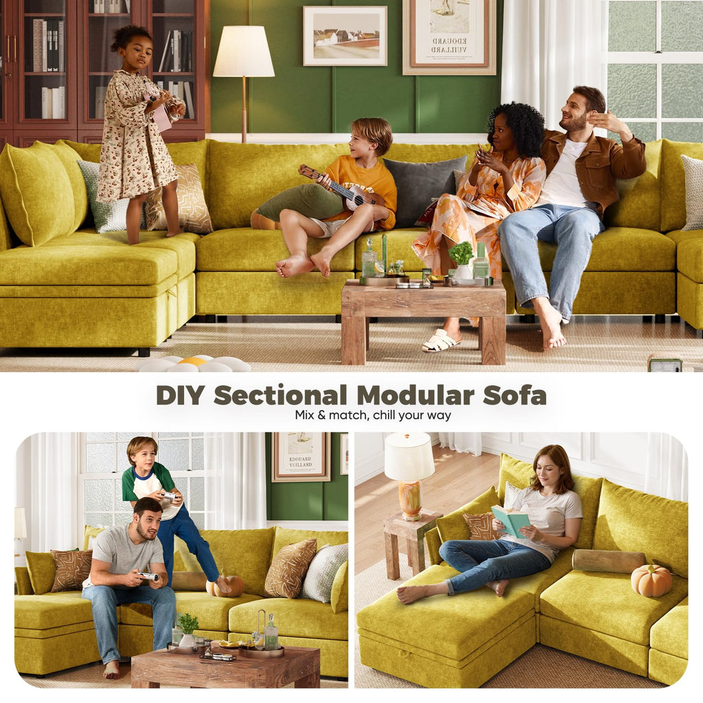 135.5" Oversized Modular Sectional Couch, L Shaped Convertible Sofa, Large 6 Seat Corner Couches Deep Seat Yellow