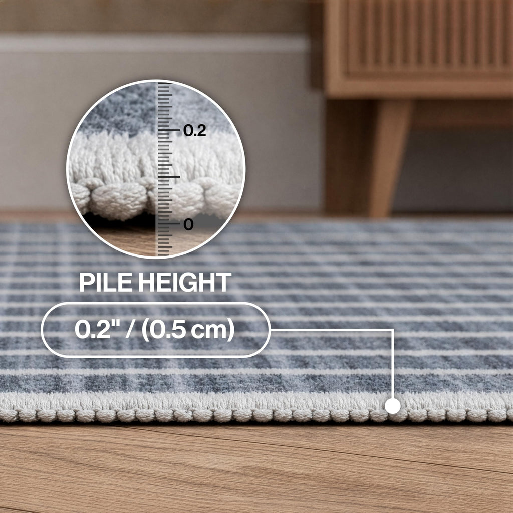 Washable Orton Distressed Ticking Stripe 2' x 8' Machine-Washable Polyester Runner Rug, Navy and Cream, Farmhouse