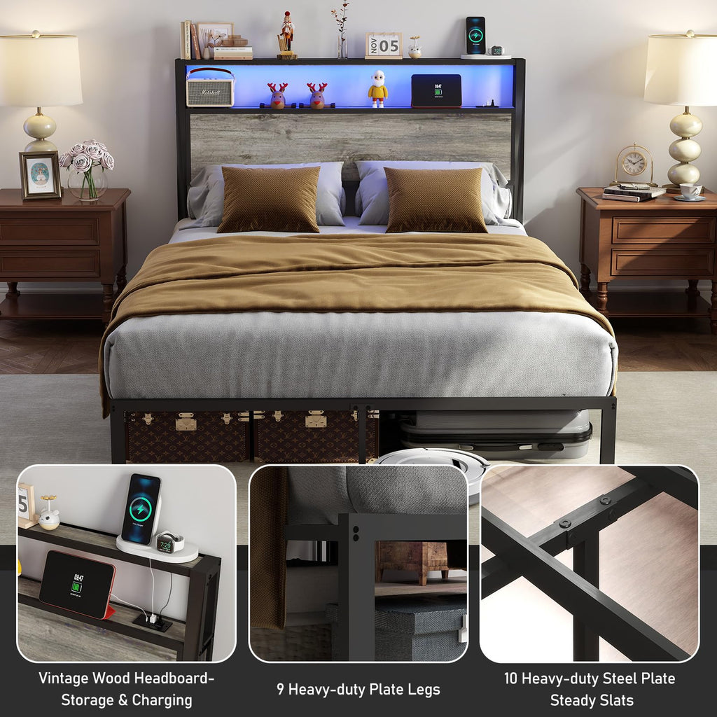 Bed Frame with 2-Tier Storage Headboard, Rustic Grey