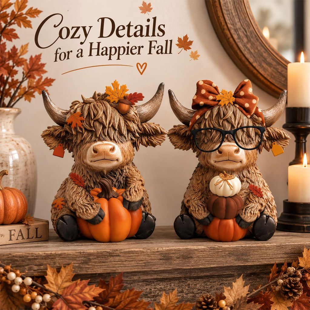 2 Pcs Fall Highland Cow Figurines Resin, Autumn Tabletop Decor