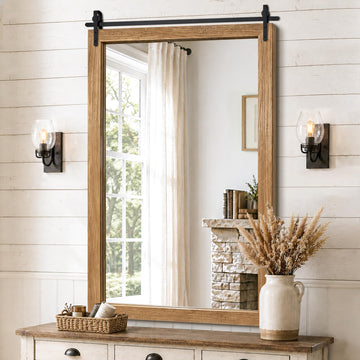 Farmhouse Bathroom Vanity Mirror, 48"x 30" Wood Barn Door Mirror, Light Brown