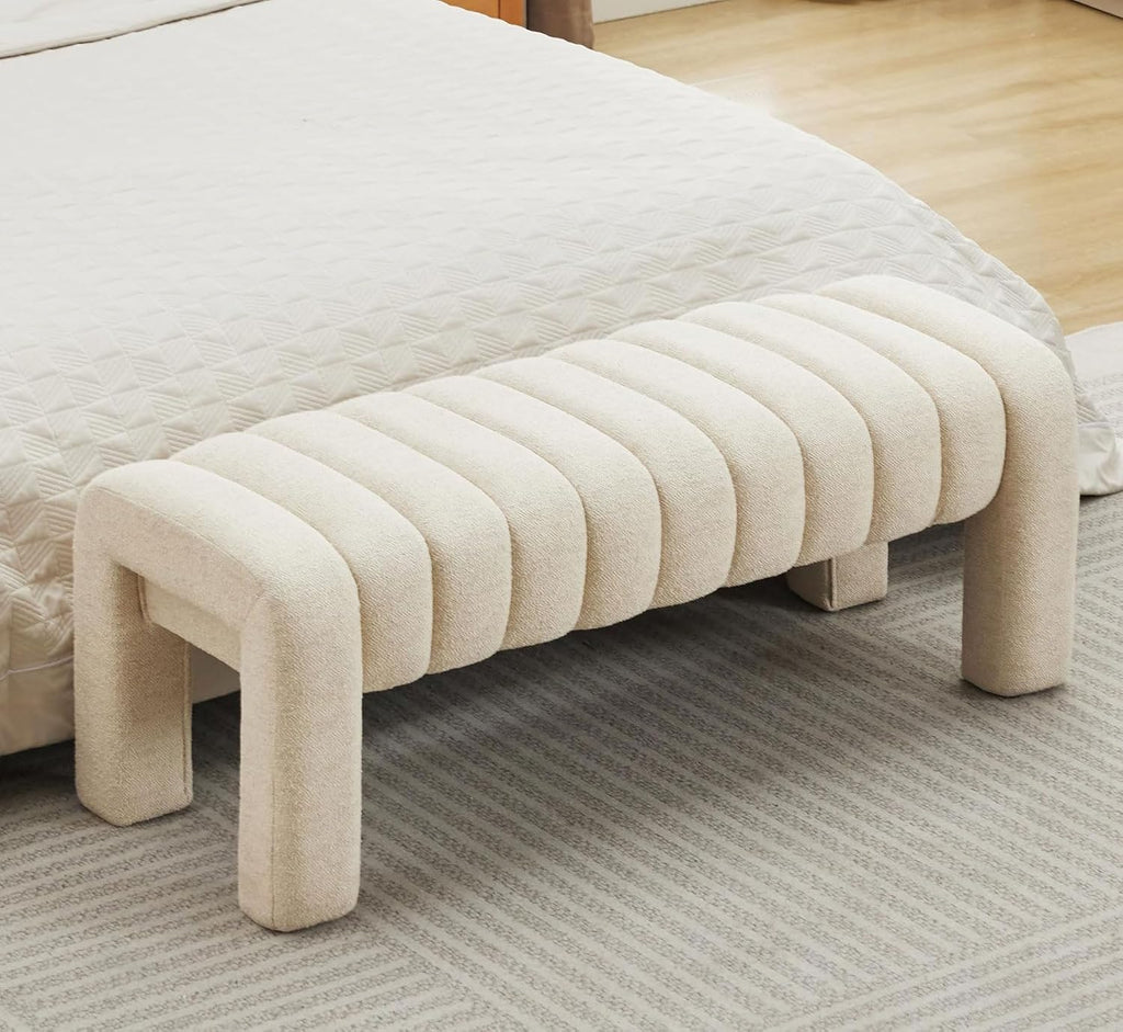 43" End of Bed Bench, Linen Beige | Channel Tufted Upholstered, Entryway Bench, Modern Window Seat, Minimalist