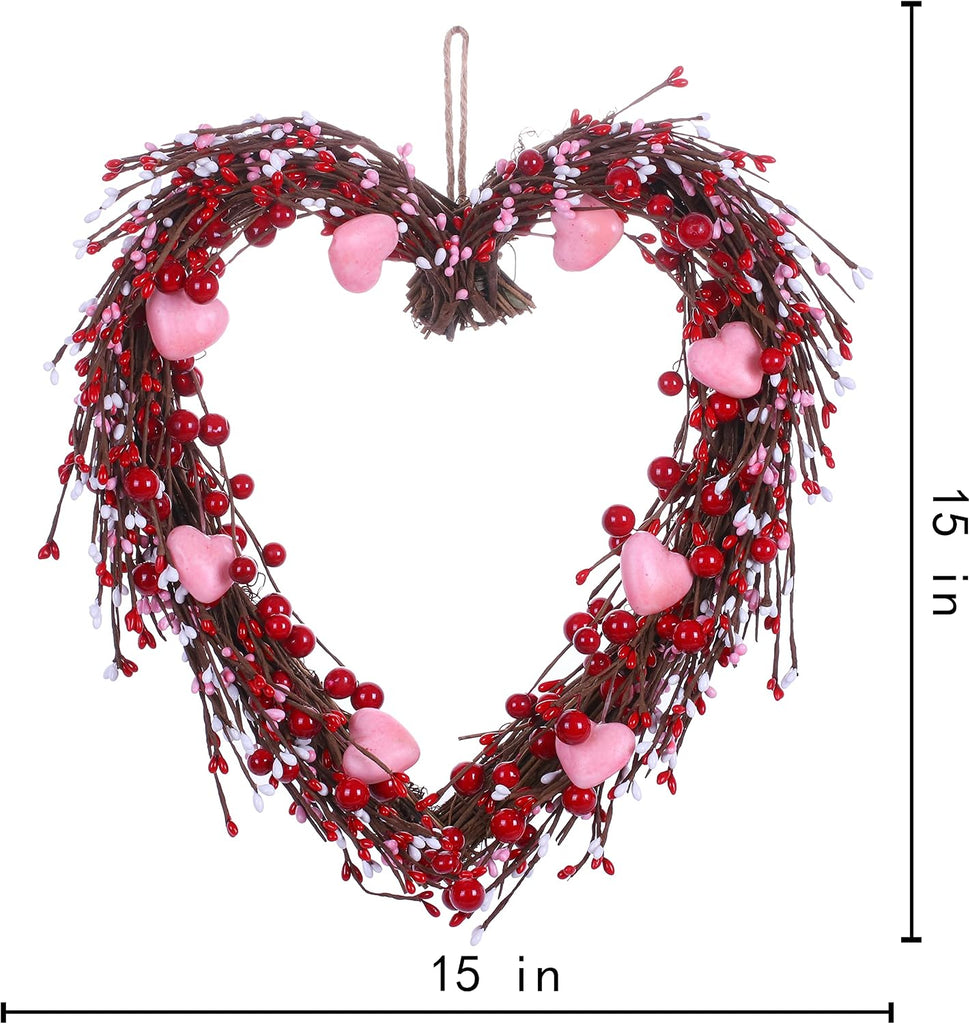 Valentine's Day Wreath,15" Heart Shaped Wreath with Red Berries and Small Pink Hearts for Valentine's Day Wedding