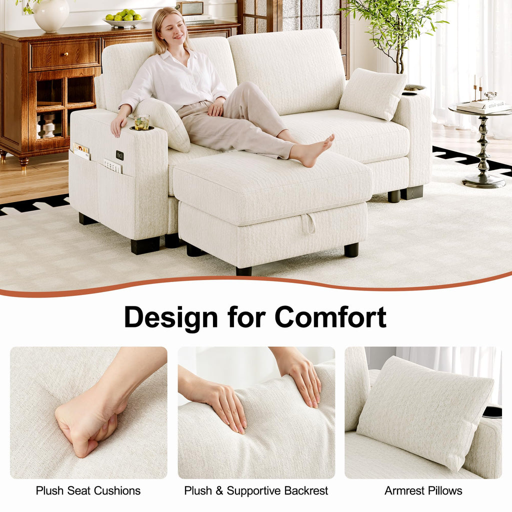 Modular Sectional Sofa, 72" L Shaped Comfy Chenille Couch, Ivory