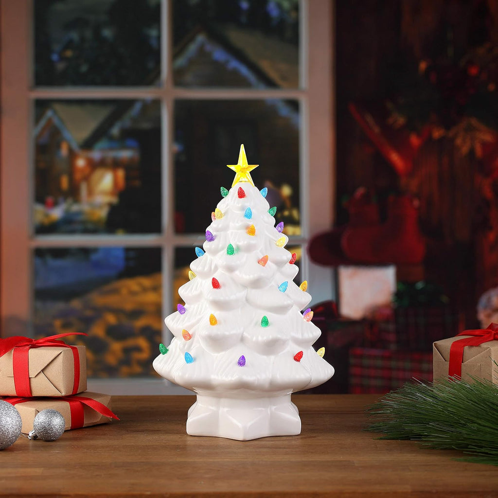 Nostalgic Ceramic Christmas Tree with LED Lights Indoor Decoration, 14 Inches, White