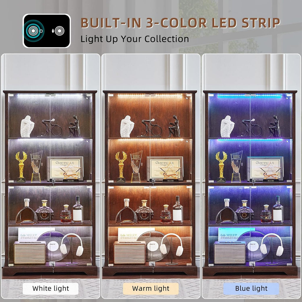 Farmhouse Glass Display Cabinet with Lock, Walnut | Wooden Curio Cabinets with Glass Doors, 3-Color Motion-Sensor