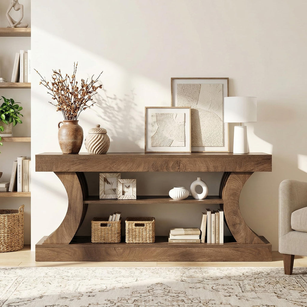 63-Inch Farmhouse Entryway Console Table with Storage, TV Console with Curved Design, Brown (Brown, 15.75" D x 63" W