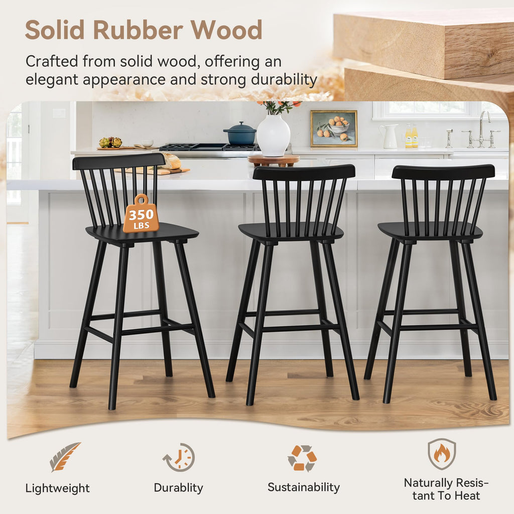 Upgraded Windsor Wooden Black Bar Stools Set of 4, 30 Inch Bar Height Barstools with Spindle Back/Bigger Seat Island