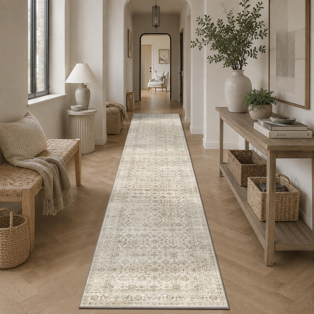 2x12 Neutral Beige Soft Low Pile Non Slip Machine Washable Runner Rug