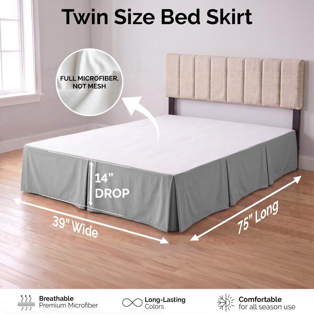 Microfiber Twin Bed Skirt 14 Inch Drop Split Corners Easy Care Steel Grey