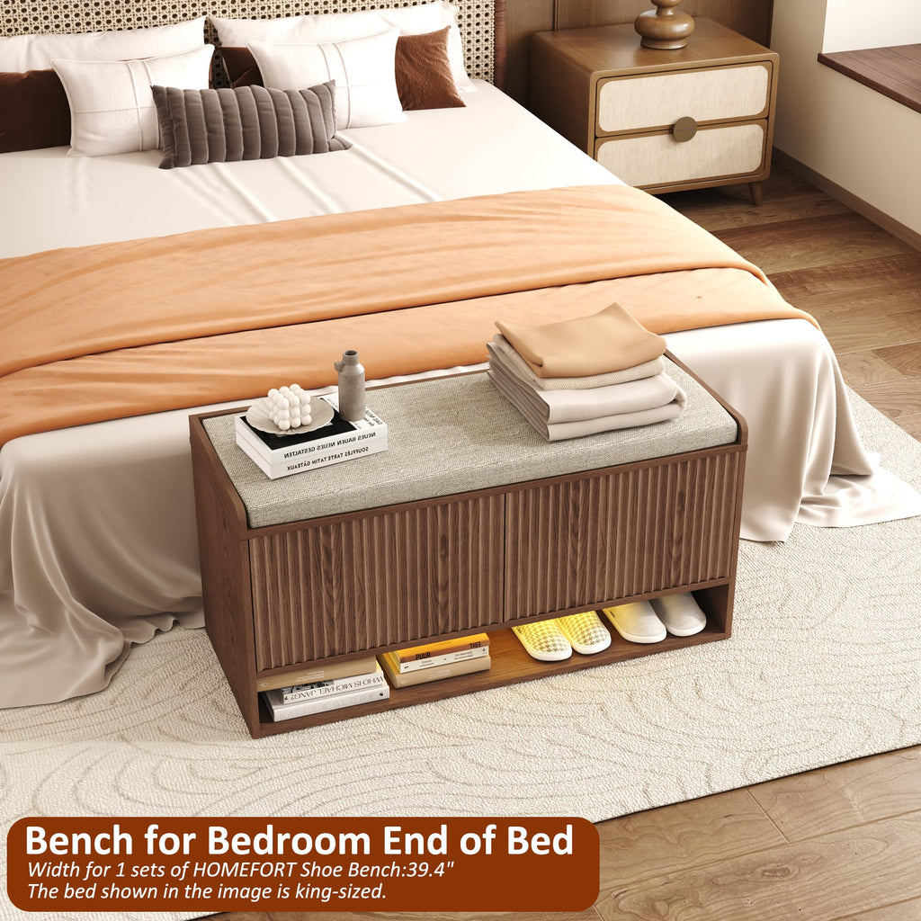 39.4" Fluted Shoe Storage Bench, Entryway Bench with Linen Seat Cushion, Shoe Cabinet Bench with Adjustable Shelf and