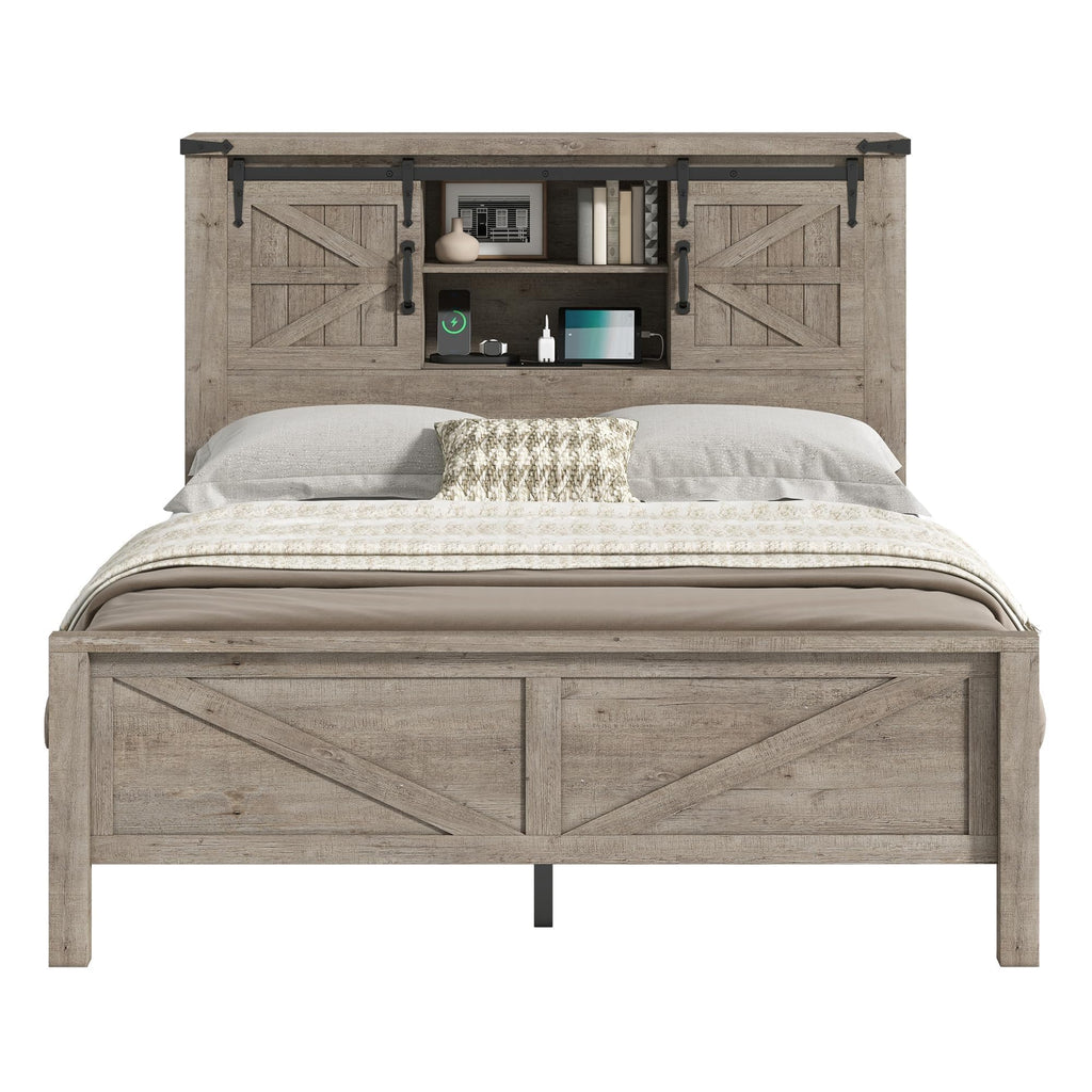 Farmhouse Slat Bed Frame with Storage Headboard