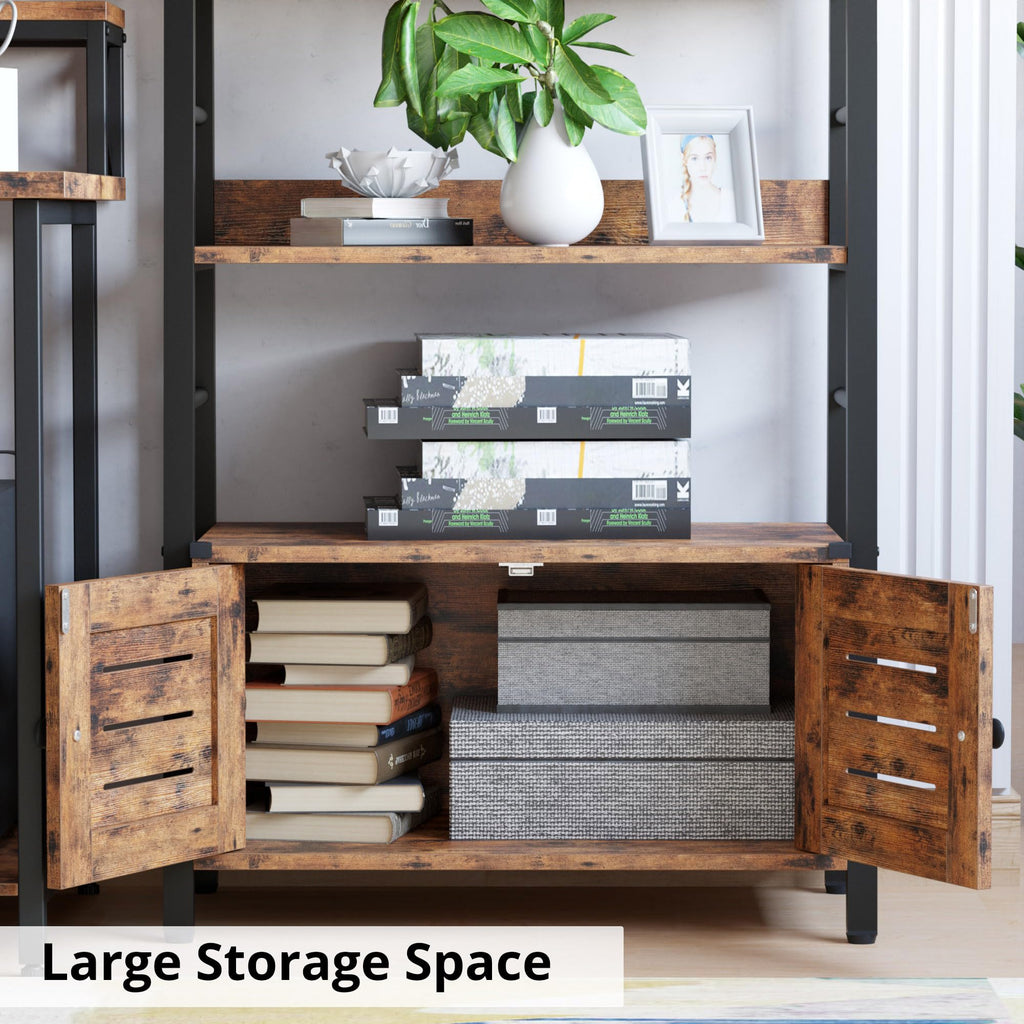 4 Tier Ladder Bookcase with Louvered Doors Rustic Brown