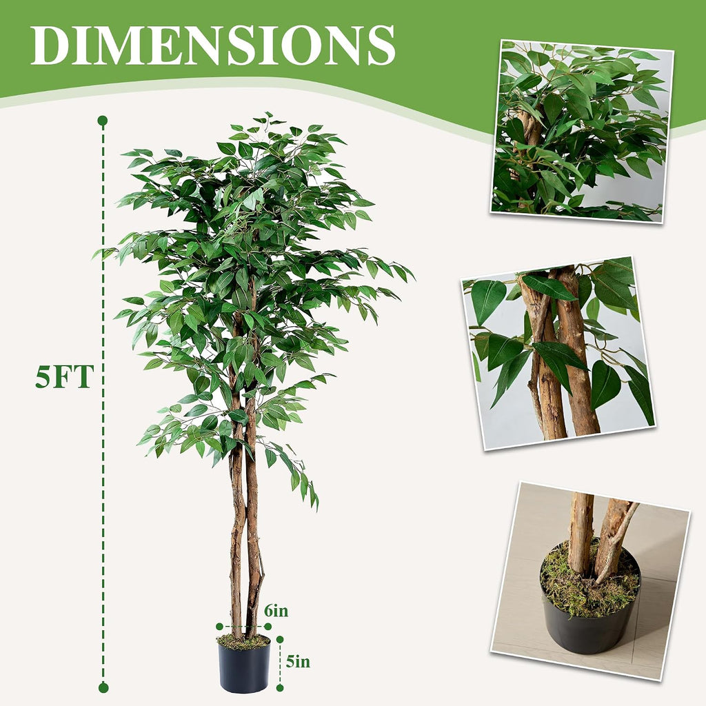 Artificial Ficus Tree with Sturdy Nursery Pot, 5FT Faux Silk Plant Outdoor Home Garden Decor, 1 Pack