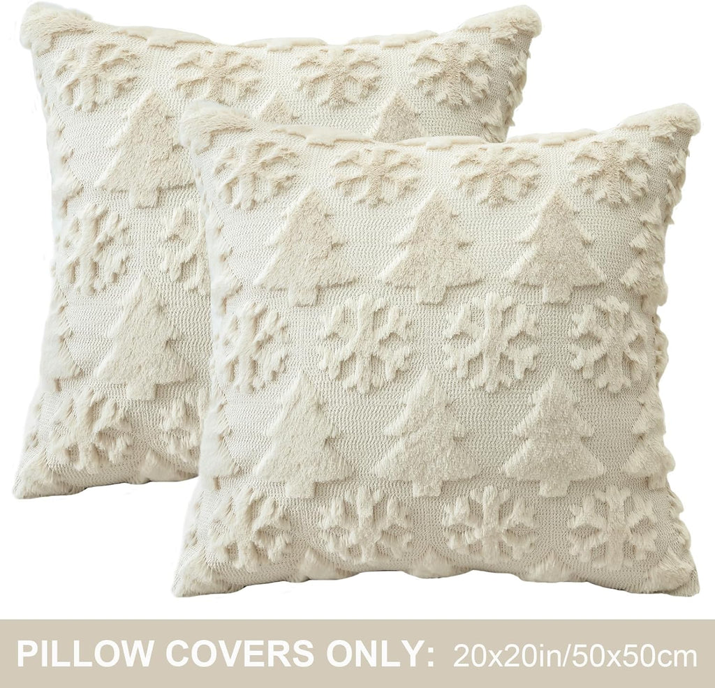 Christmas Throw Pillow Covers 20x20 Inch, Soft Plush Faux Fur Christmas Tree Snowflake Winter Holiday Xmas - Set of 2