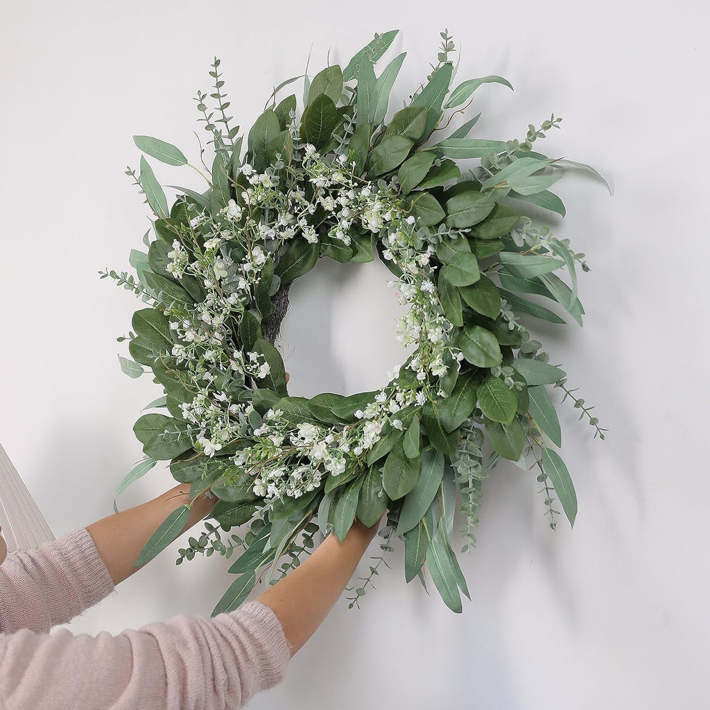 26" Large Artificial Eucalyptus & Flower Wreath for Front Door(Green-White)