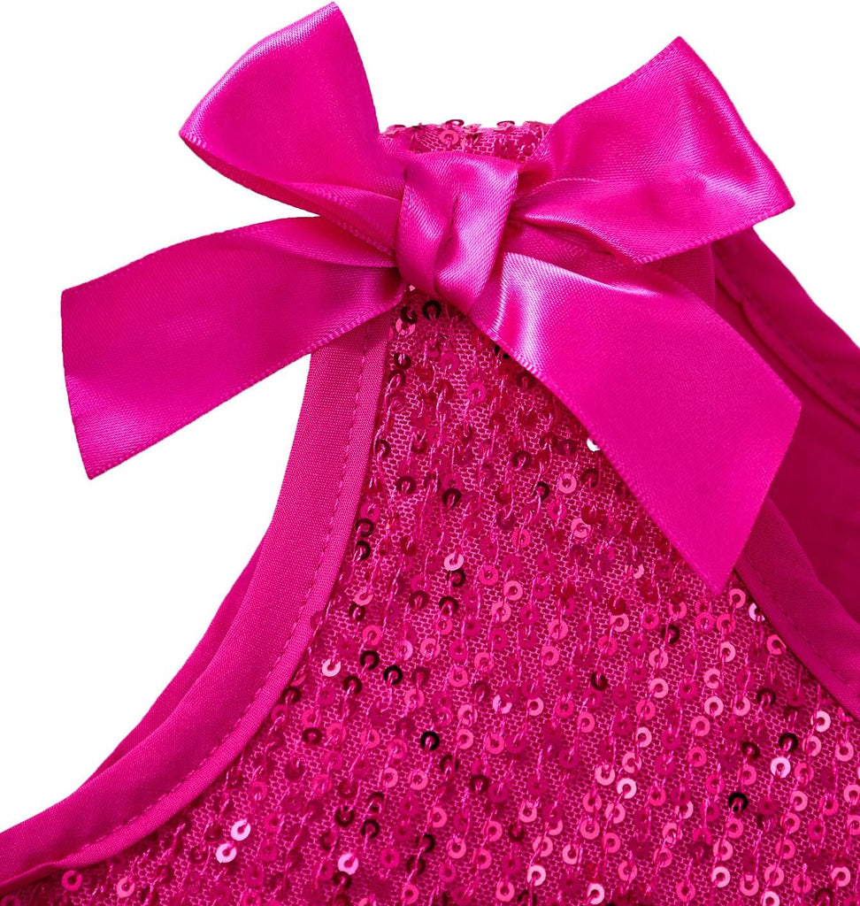 Dresses Summer Kids Ribbon Bow Sleeveless Birthday Party Tulle Ruffle Hem A-Line Sequin Dress