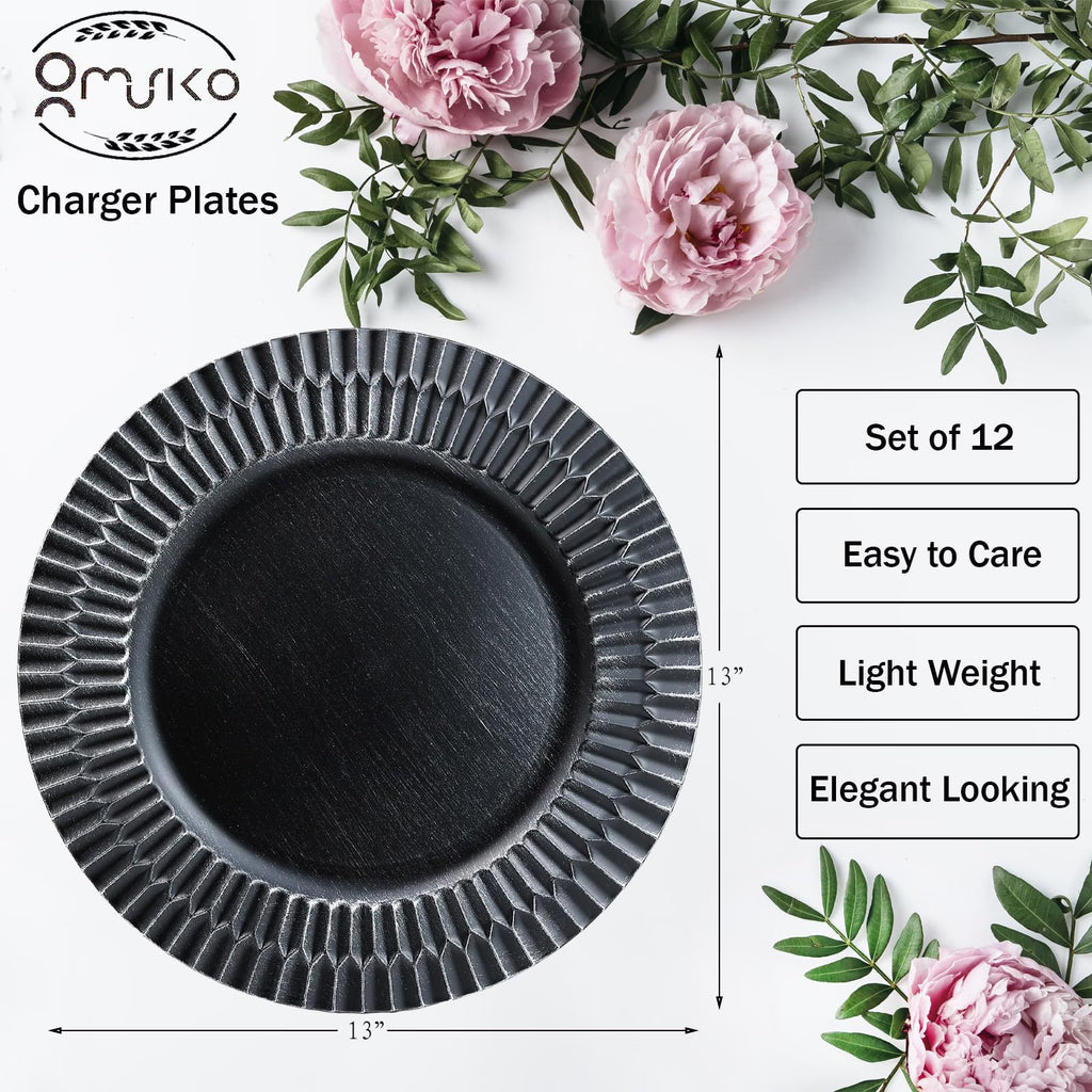 Black Charger Plates Set of 12, 13" Plastic Reusable Chargers for Dinner Plates, Thanksgiving, Christmas Party