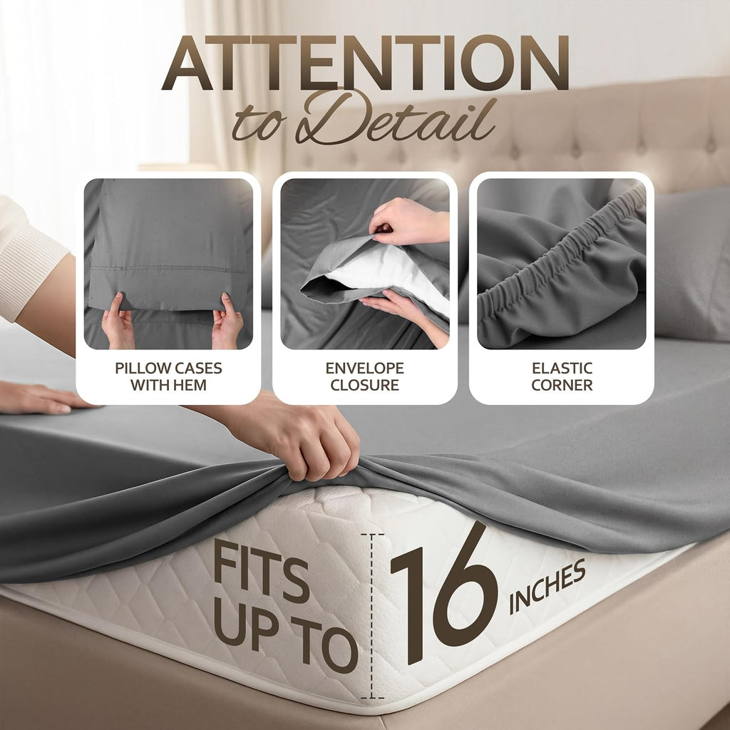 Queen 4 Piece Sheet Set, Extra Soft Cooling & Breathable Microfiber, Includes 1 Flat Sheet, 1 Fitted Sheet & 2