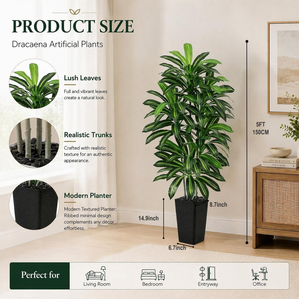 Artificial Dracaena Tree 5FT / Black Planter, Tall Plants Indoor