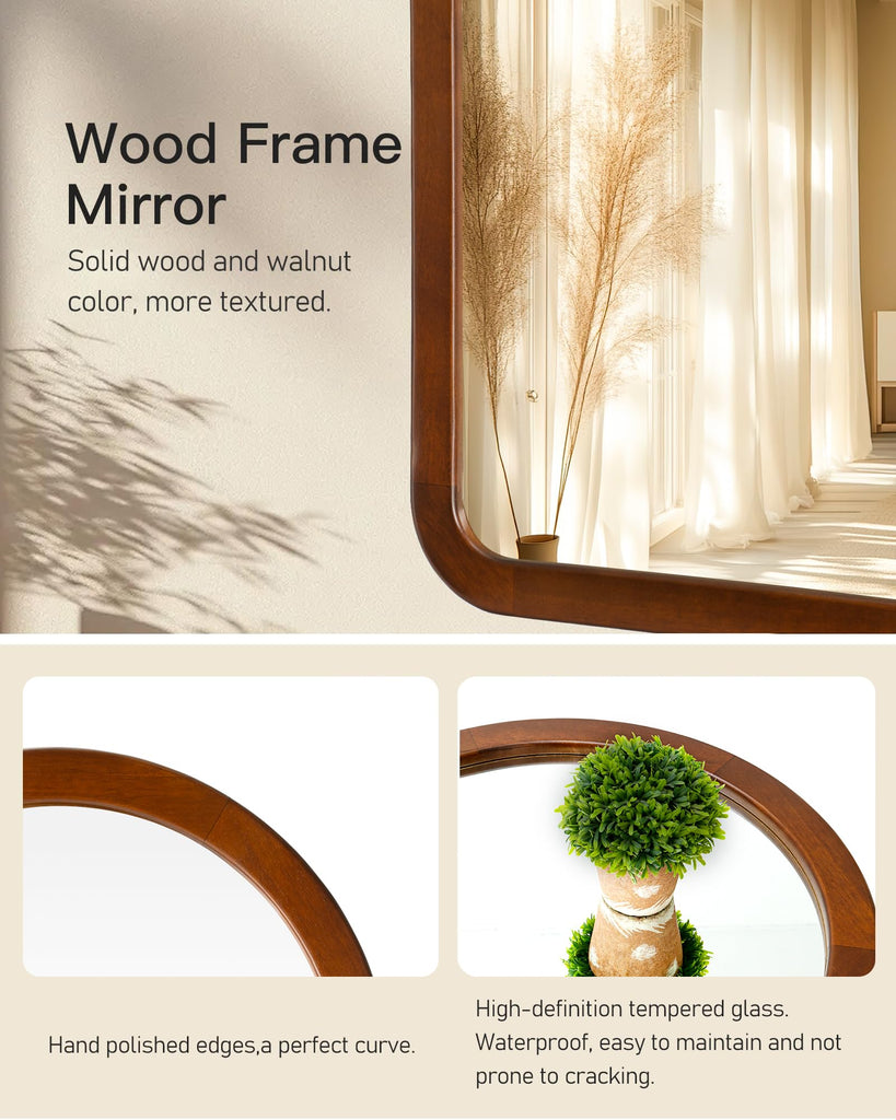 Arched Mirror 30 x 40 Inch, Walnut Brown Wood Rustic Bathroom Tempered Wall Mirror with Wood Frame, Round Corner Arch