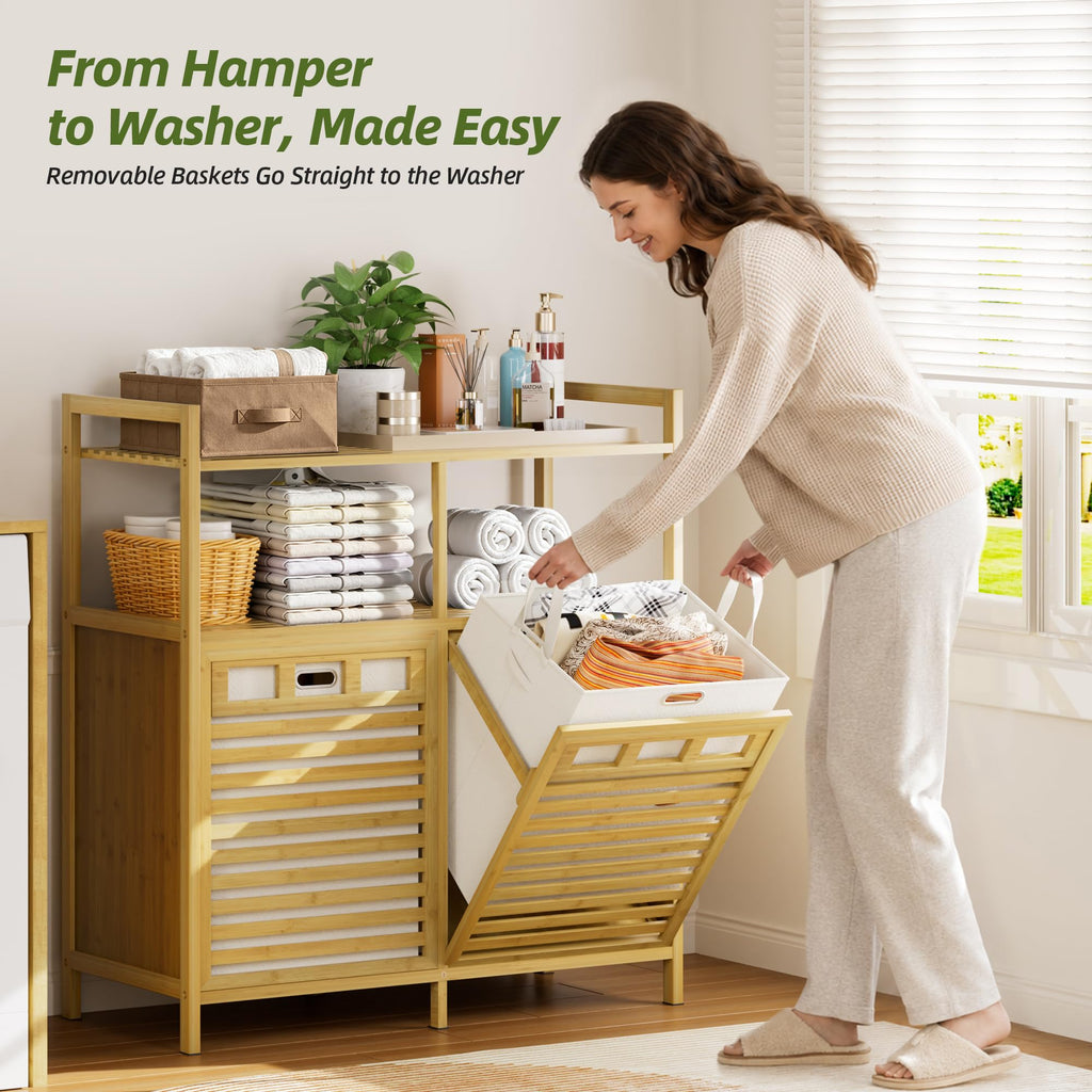 48 Gal Bamboo Tilt Out Laundry Hamper Cabinet with 3 Bag, Natural