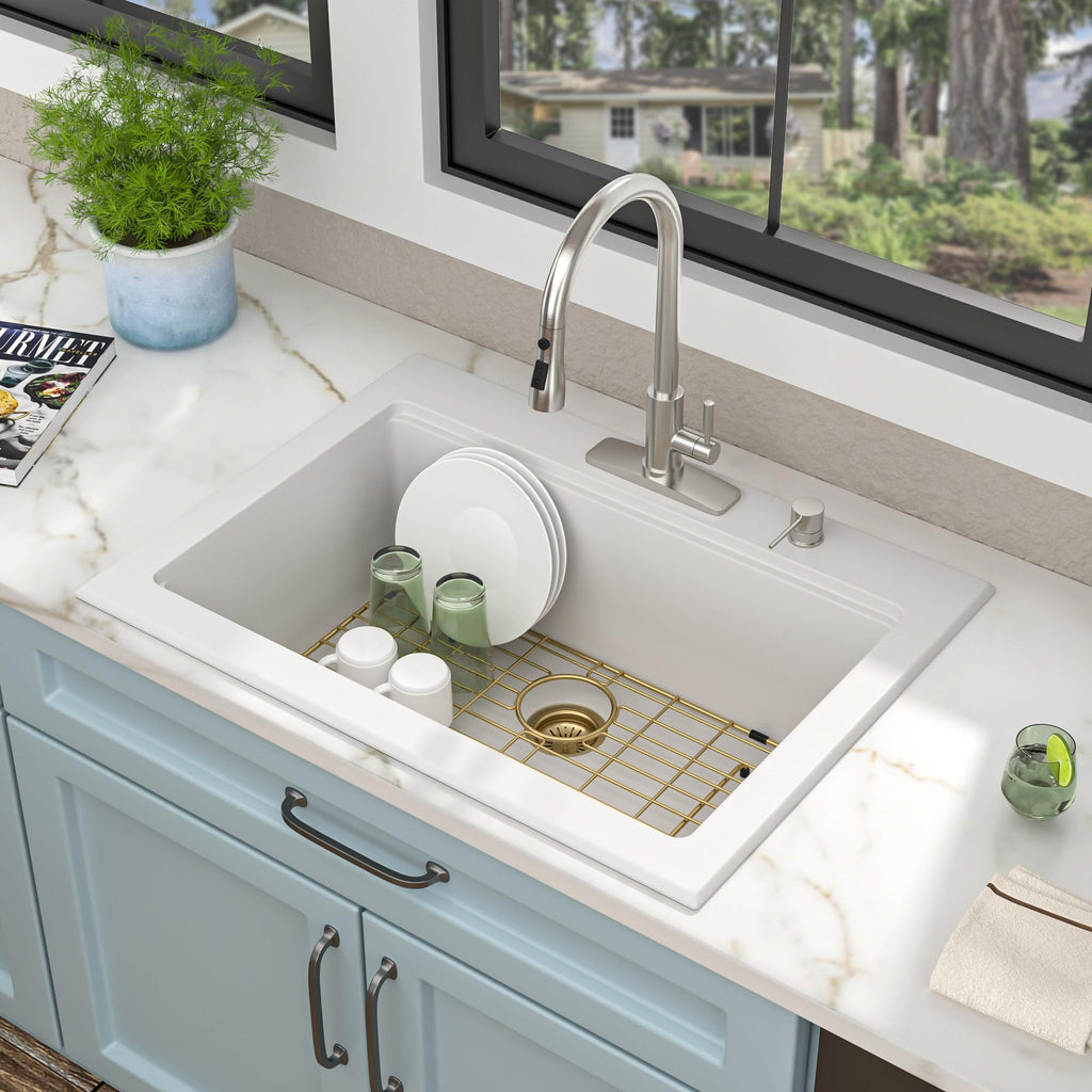 30"x22" Granite Composite Kitchen Sink - White Ledge Workstation Drop In Top-Mount Granite Quartz Classic Luxury