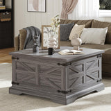 Farmhouse Coffee Table with Storage, Square Center Table, Rustic, Hinged Lift Top Soft Close, Wood
