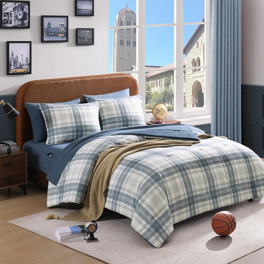 Full Comforter Sets, Blue Grey Plaid Bedding Set 7 Piece for Boys Girls Teen, Classic Homestead-Style Kids Comforter