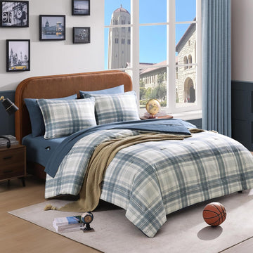 Full Comforter Sets, Blue Grey Plaid Bedding Set 7 Piece for Boys Girls Teen, Classic Homestead-Style Kids Comforter