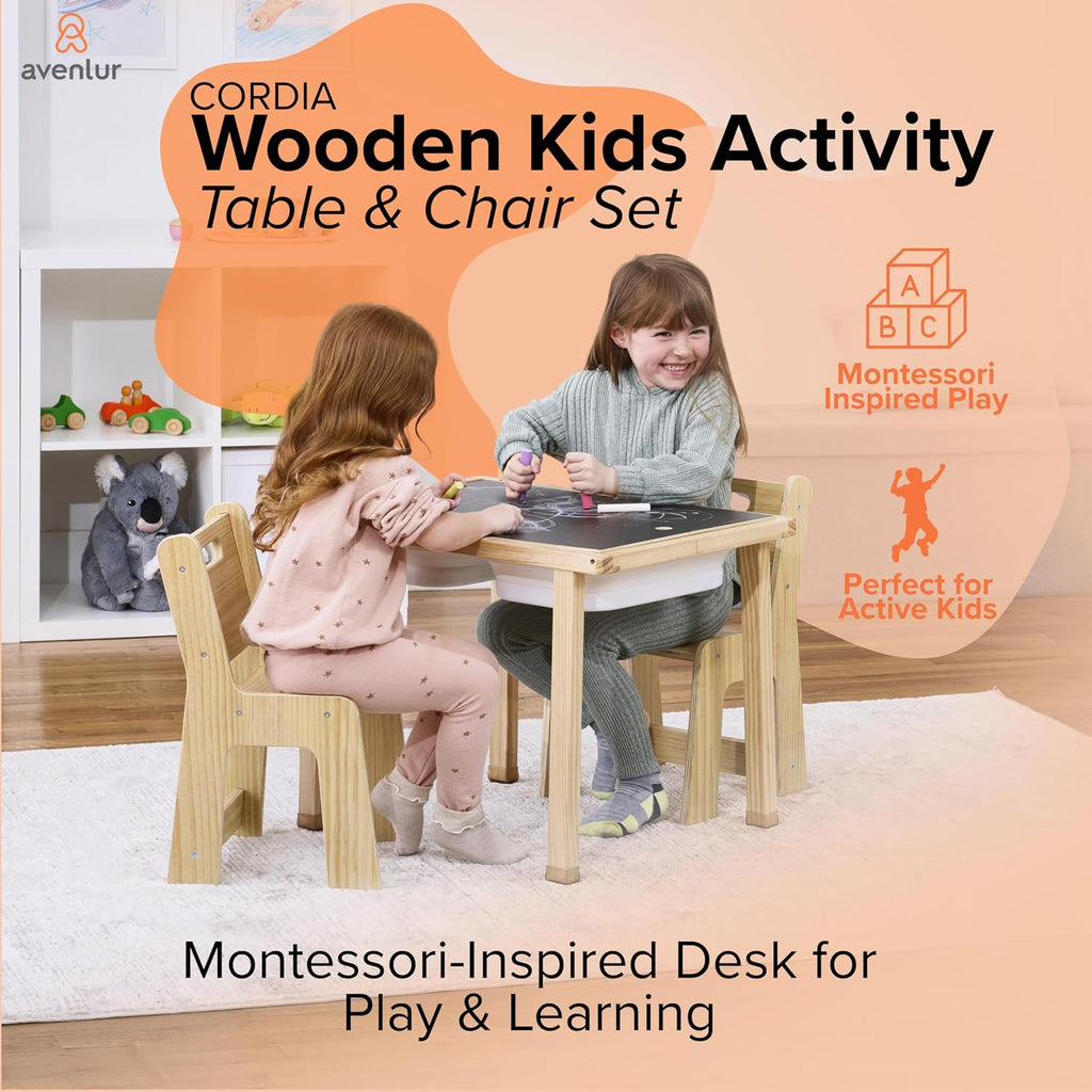Cordia Kids Table and Chair Set - Montessori-Inspired Kids Workbench - with Two Chairs, Two Collapsible Bucket