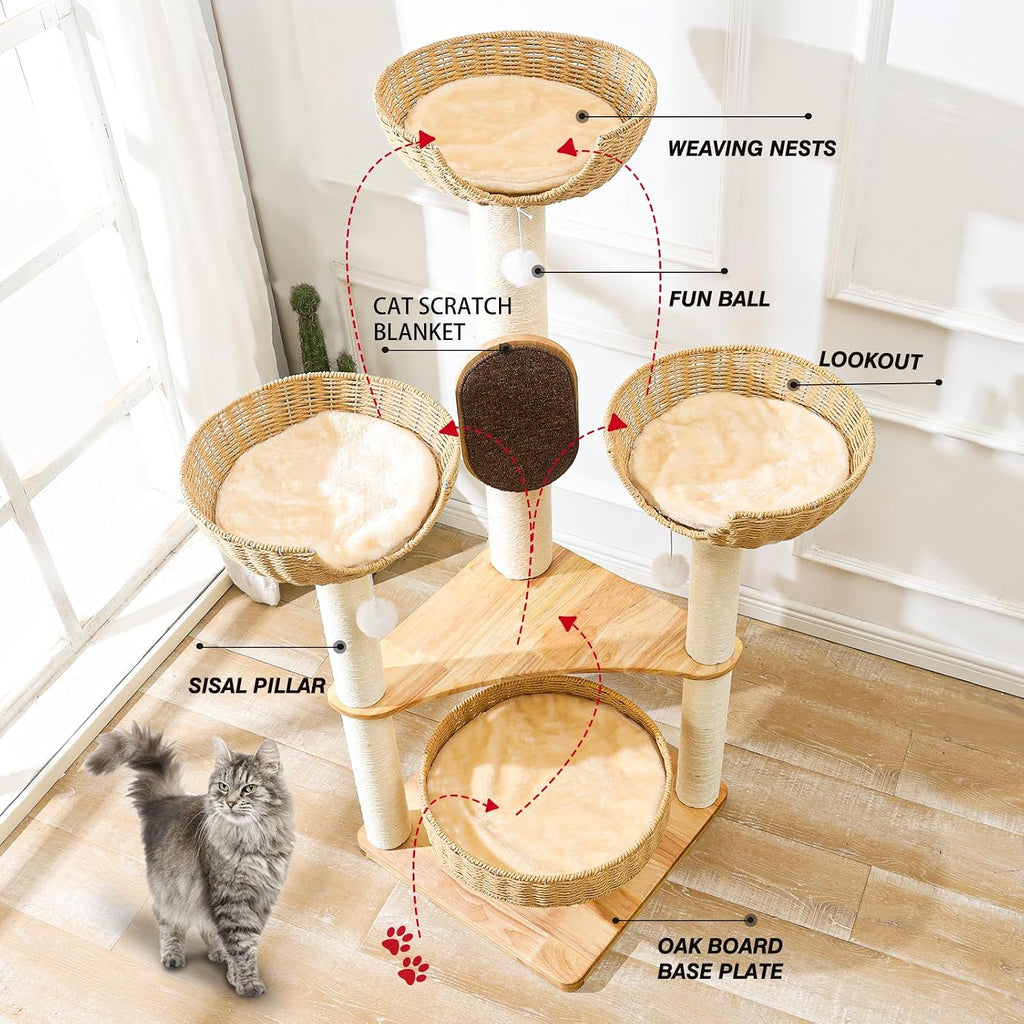 55-Inch Cat Tree for Large Indoor Cats with 4 Handwoven Basket Beds