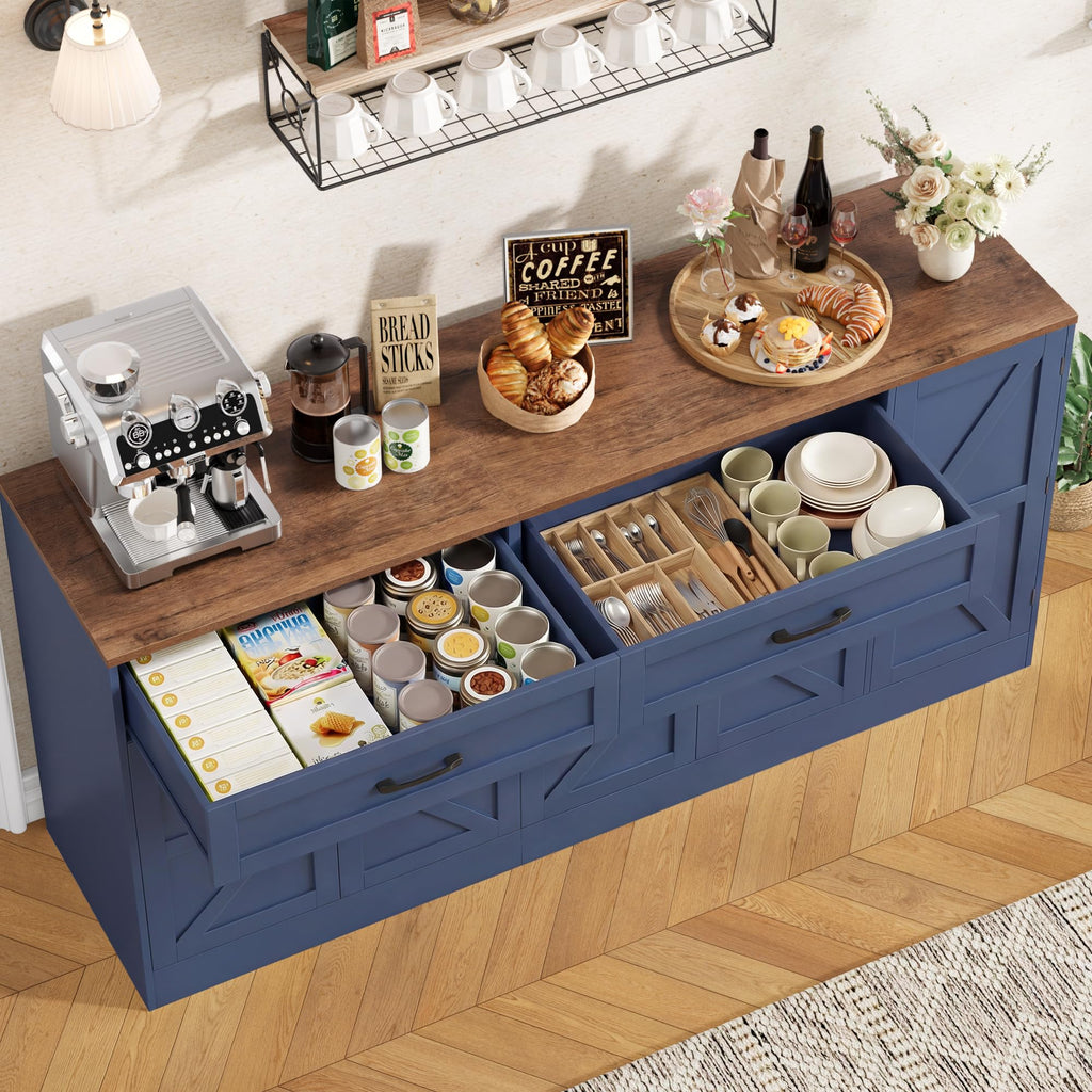 71" Large Sideboard Buffet Cabinet, Farmhouse Coffee Bar Cabinet (Blue)