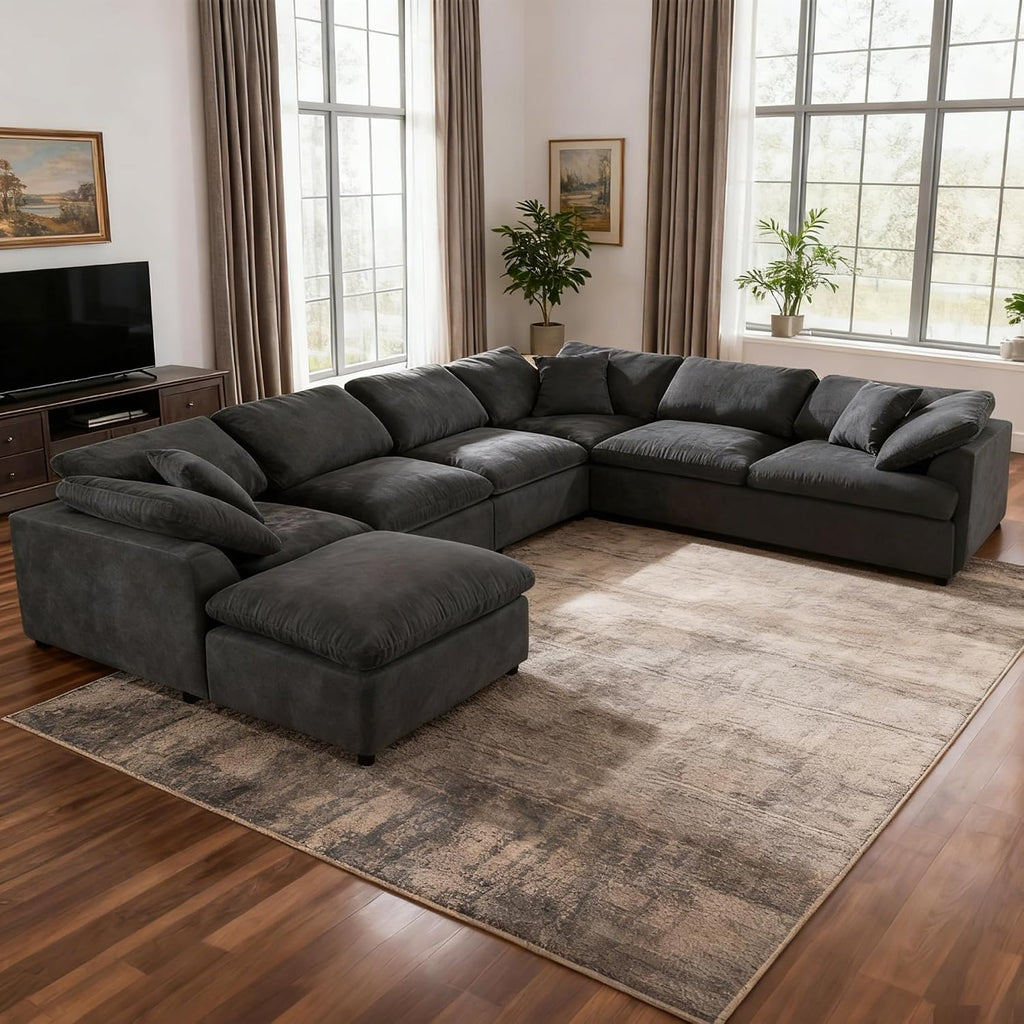 130.3" Oversized Modular Sectional Cloud Sofa Couch, Dark Grey | cloud soft, 7 seater, removable ottoman, easy
