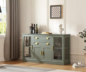 58.27'' Buffet Cabinet with 2 Drawers,LED and Adjustable Shelves,Large Glass Door Coffee Bar Cabinet with Storage,Modern Farmhouse Sideboard Credenza for Kitchen,Green